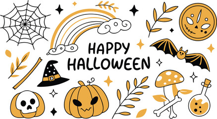 Happy halloween Boho abstract set. creative contemporary aesthetic doodle elements. Bohemian mystical magic collection clip art hand drawing style.  Vector illustration