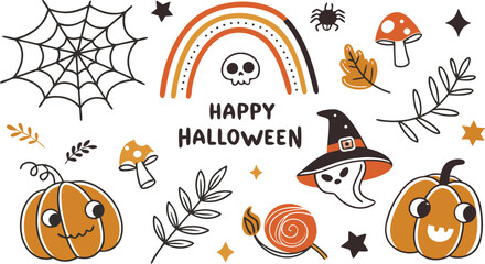 Fototapeta premium Happy halloween Boho abstract set. creative contemporary aesthetic doodle elements. Bohemian mystical magic collection clip art hand drawing style. Vector illustration