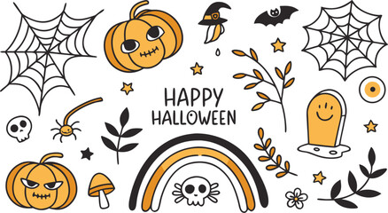 Happy halloween Boho abstract set. creative contemporary aesthetic doodle elements. Bohemian mystical magic collection clip art hand drawing style.  Vector illustration