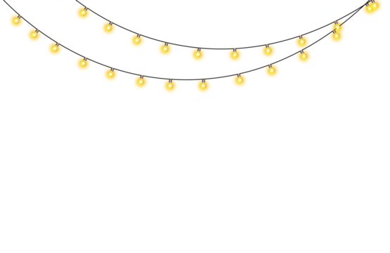 Soft yellow string lights glowing against a dark black background creating a festive atmosphere