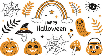 Happy halloween Boho abstract set. creative contemporary aesthetic doodle elements. Bohemian mystical magic collection clip art hand drawing style.  Vector illustration