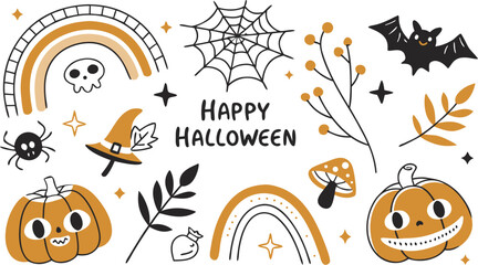 Happy halloween Boho abstract set. creative contemporary aesthetic doodle elements. Bohemian mystical magic collection clip art hand drawing style.  Vector illustration