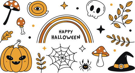 Happy halloween Boho abstract set. creative contemporary aesthetic doodle elements. Bohemian mystical magic collection clip art hand drawing style.  Vector illustration