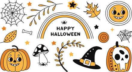 Happy halloween Boho abstract set. creative contemporary aesthetic doodle elements. Bohemian mystical magic collection clip art hand drawing style.  Vector illustration