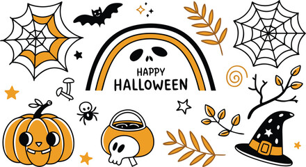 Happy halloween Boho abstract set. creative contemporary aesthetic doodle elements. Bohemian mystical magic collection clip art hand drawing style.  Vector illustration