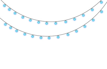 Soft blue christmas lights string glowing in the dark night sky