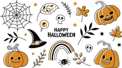 Happy halloween Boho abstract set. creative contemporary aesthetic doodle elements. Bohemian mystical magic collection clip art hand drawing style.  Vector illustration