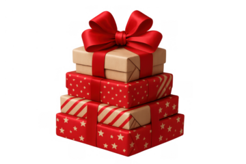 Stacked brown and red craft-wrapped gift boxes adorned with red ribbons and bows, festive holiday presents on white background
