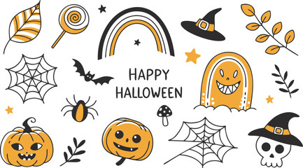 Happy halloween Boho abstract set. creative contemporary aesthetic doodle elements. Bohemian mystical magic collection clip art hand drawing style.  Vector illustration
