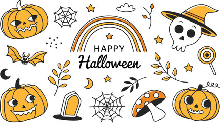 Happy halloween Boho abstract set. creative contemporary aesthetic doodle elements. Bohemian mystical magic collection clip art hand drawing style.  Vector illustration