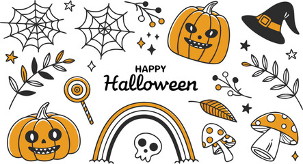 Happy halloween Boho abstract set. creative contemporary aesthetic doodle elements. Bohemian mystical magic collection clip art hand drawing style.  Vector illustration