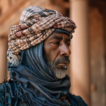 HD video, National Geographic quality, Beduin man standing in front of the courthouse in Petra