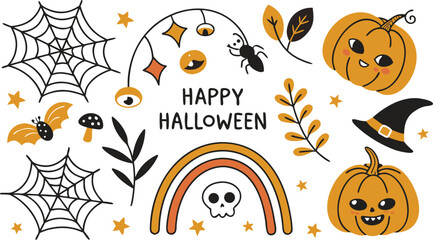 Happy halloween Boho abstract set. creative contemporary aesthetic doodle elements. Bohemian mystical magic collection clip art hand drawing style.  Vector illustration