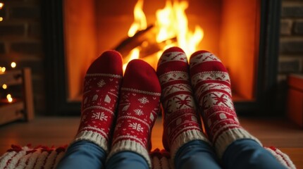Two pairs of feet in festive knit socks rest by a glowing fireplace. Concept: comfort, intimacy, hygge, winter warmth, home atmosphere, cozy togetherness, seasonal peace.