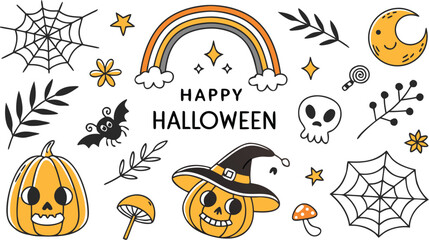 Happy halloween Boho abstract set. creative contemporary aesthetic doodle elements. Bohemian mystical magic collection clip art hand drawing style.  Vector illustration