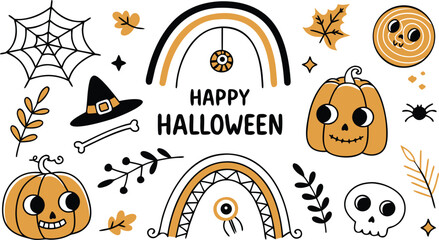 Happy halloween Boho abstract set. creative contemporary aesthetic doodle elements. Bohemian mystical magic collection clip art hand drawing style.  Vector illustration