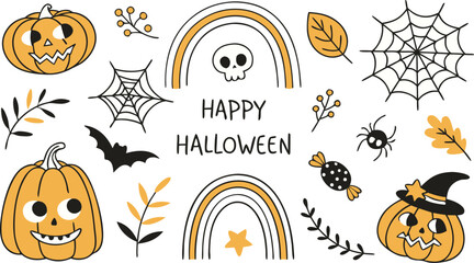 Happy halloween Boho abstract set. creative contemporary aesthetic doodle elements. Bohemian mystical magic collection clip art hand drawing style.  Vector illustration