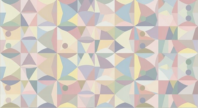 Trendy pastel geometric pattern for modern design projects featuring triangles, circles, and squares in soft, inviting hues with a retro aesthetic - Powered by Adobe