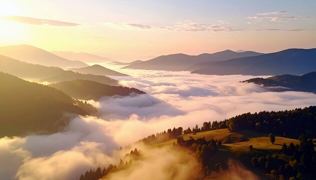A breathtaking aerial view of a mountain range at sunrise, with a thick blanket of clouds filling the valleys between the peaks.