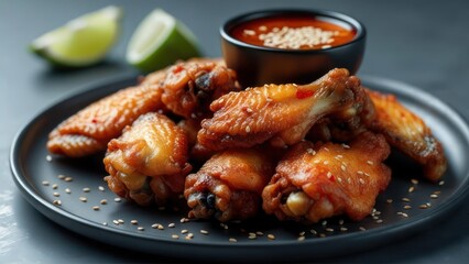 Fototapeta premium Close-up of fried chicken wings on a dark plate, garnished with sesame seeds and served with a chili dipping sauce and lime wedges