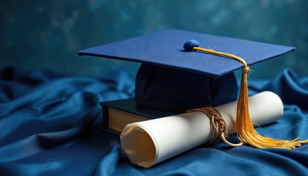 Blue graduation cap sits on a book with a diploma scroll. Academic symbols signify knowledge achievement and education success. Celebrate college or university commencement.