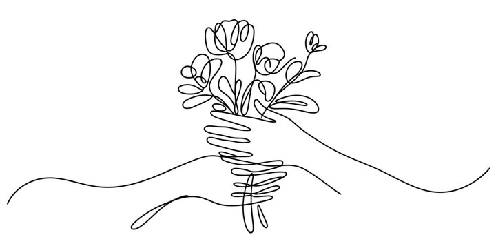 Minimal continuous-line drawing of two hands exchanging a bouquet, symbolizing love, gratitude, celebration, and gentle emotional connection.