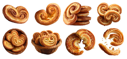 Set of Palmier flaky crunchy French biscuit cookie pastry, pile stack group bitten broken, rattan basket on transparent background cutout, PNG file. Many different design. Mockup for artwork