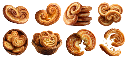 Set of Palmier flaky crunchy French biscuit cookie pastry, pile stack group bitten broken, rattan basket on transparent background cutout, PNG file. Many different design. Mockup for artwork