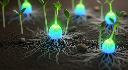 Genetic engineering and biotechnology for seed optimization. Advanced agriculture and root system science. Glowing germinating seeds with roots and small sprouts in dark soil.