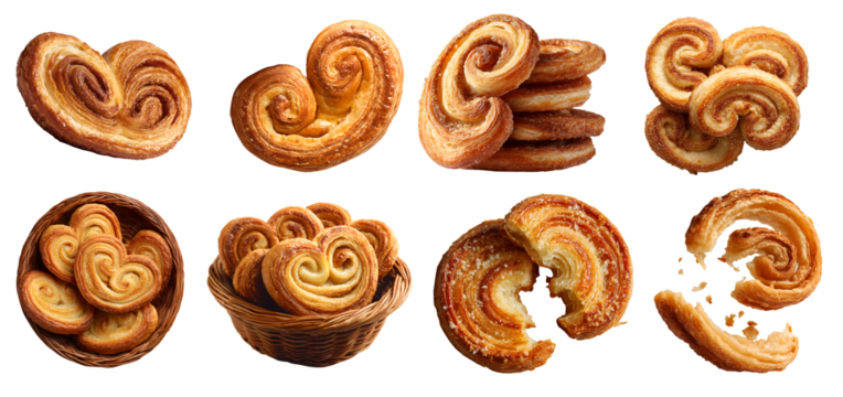 Set of Palmier flaky crunchy French biscuit cookie pastry, pile stack group bitten broken, rattan basket on transparent background cutout, PNG file. Many different design. Mockup for artwork