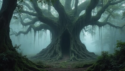 Naklejka premium Ancient mystical tree stands in dense foggy forest. Roots twist on ground, hollow trunk looks like cave entrance. Overhanging branches with moss create eerie atmosphere. Fantasy scene suggests magic,
