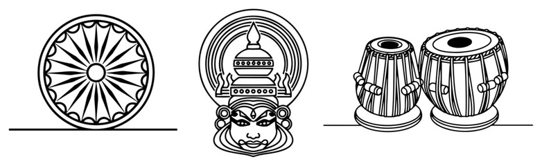 Indian cultural symbols icon set. Ashoka Chakra Kathakali mask and Tabla drums vector line art.