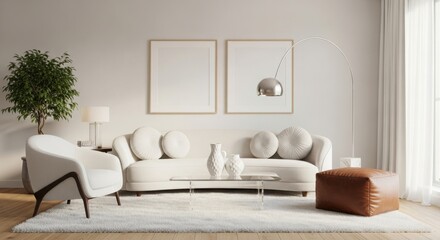 Modern living room with plush sofa accent chair and artwork on neutral wall