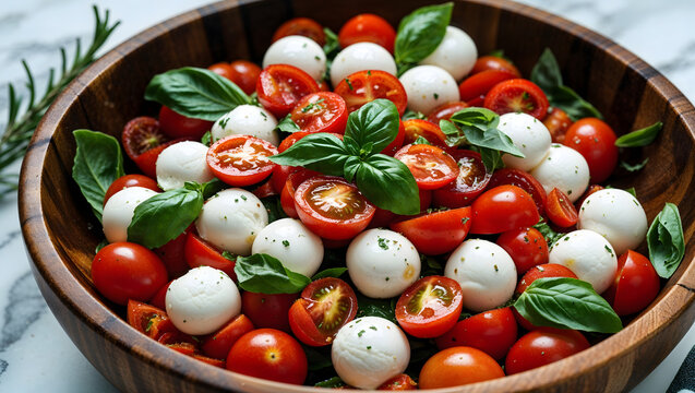 Salad wooden bowl cherry tomatoes mozzarella basil leaves circular pattern green fresh rosemary marble countertop appetizing colorful healthy close up vibrant generative AI