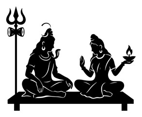 Shiva And Parvati Silhouette With Trishul And Diya Hindu Divine Couple Vector Illustration
