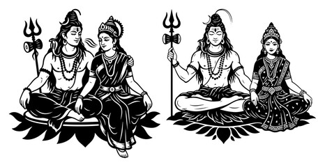 Lord Shiva and Goddess Parvati Divine Couple Vector Set Hindu God Family Stencil