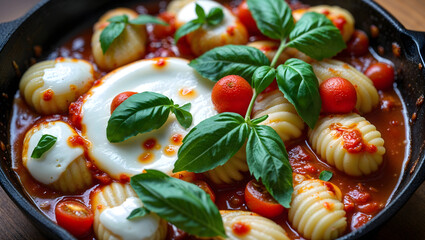 Pasta gnocchi tomato sauce mozzarella cheese black cast iron skillet circular pattern basil cherry tomatoes wooden table blurred background fresh appetizing generative AI