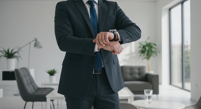 Businessman checking wristwatch in modern office