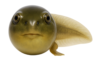 Round-bodied tadpole with a flat, paddle-like tail.