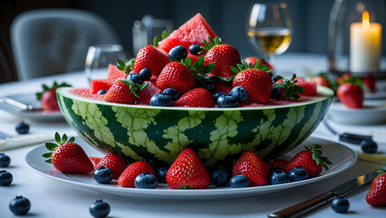 Watermelon bowl strawberries blueberries white plate fork knife colorful fruits summer blurred dining table wine candle inviting fresh generative AI