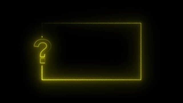 Glowing yellow question mark and rectangular frame with sparkling particles on black background abstract concept design motion graphic