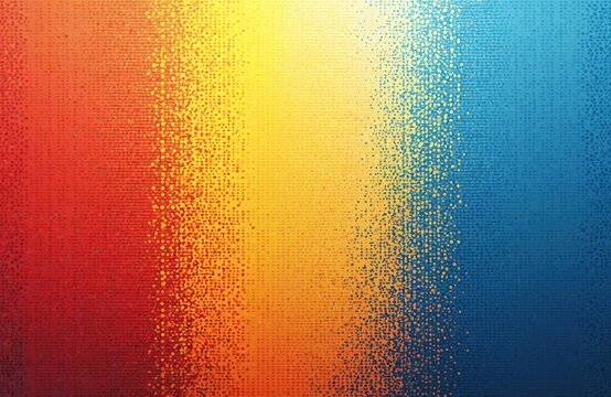Abstract background with vibrant color gradient from red, yellow to blue. Modern halftone dot pattern creates textured surface. Grainy, creative artwork uses pop art, retro style for cool wallpaper.
