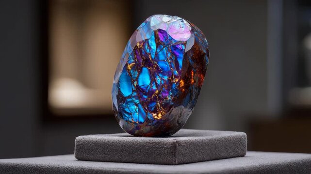 Vibrant multicolor opal on gray display stand in museum setting