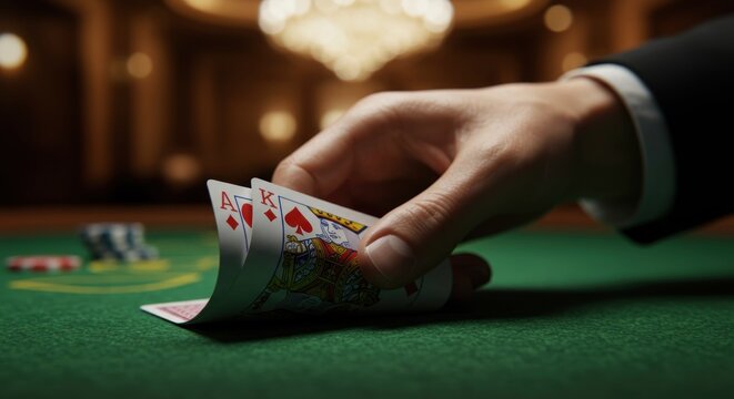 Hand holding playing cards King and Ace of Spades on a green poker table