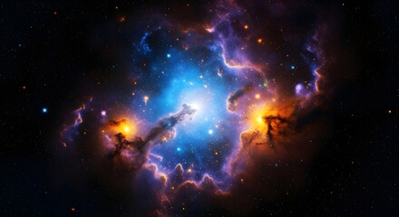 Massive luminous nebula cloud with expanding energy patterns and scattered star clusters