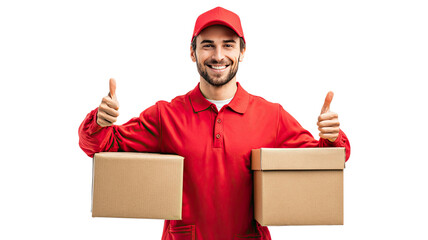 Title: Smiling Delivery Man in Red Uniform Giving Thumb Gesture on White Background
