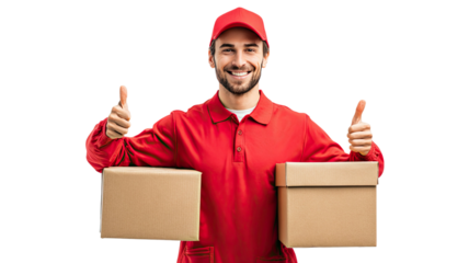 Title: Smiling Delivery Man in Red Uniform Giving Thumb Gesture on White Background