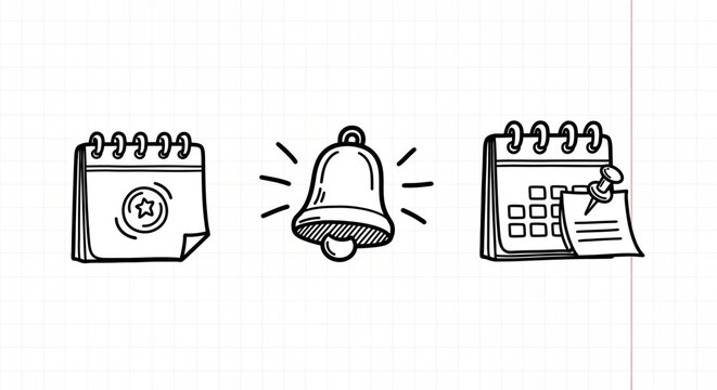 Hand drawn calendar icons set with bell notification on grid background - Powered by Adobe