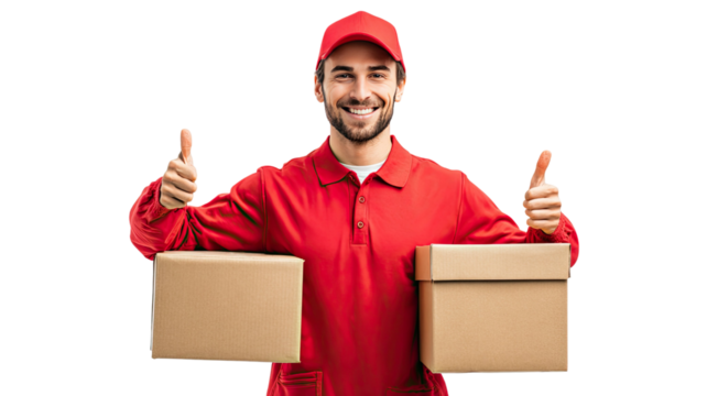 Title: Smiling Delivery Man in Red Uniform Giving Thumb Gesture on White Background