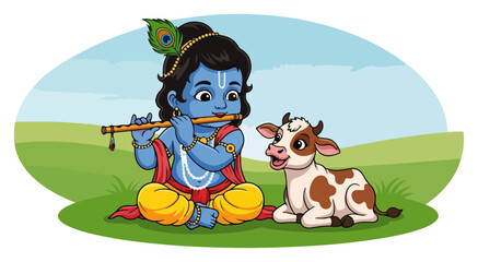Cute Little Krishna Playing Flute with Calf Cartoon Vector Illustration for Janmashtami Festival © Anna